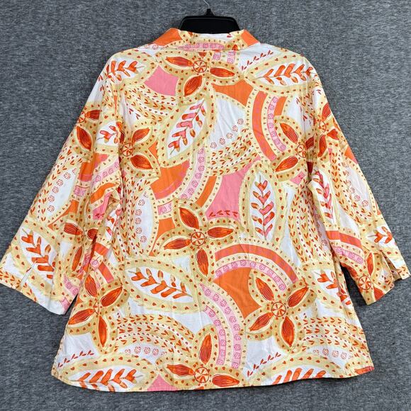 Sigrid Olsen Button up Top Size 1X Coral Orange 3/4 Sleeve Cotton Citrus Print - Picture 2 of 8